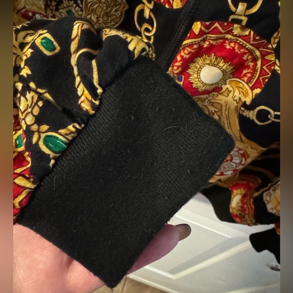 90s Baroque Black Gold Chain Clock Pattern Versace Style Print Bomber Jacket - Picture 2 of 12